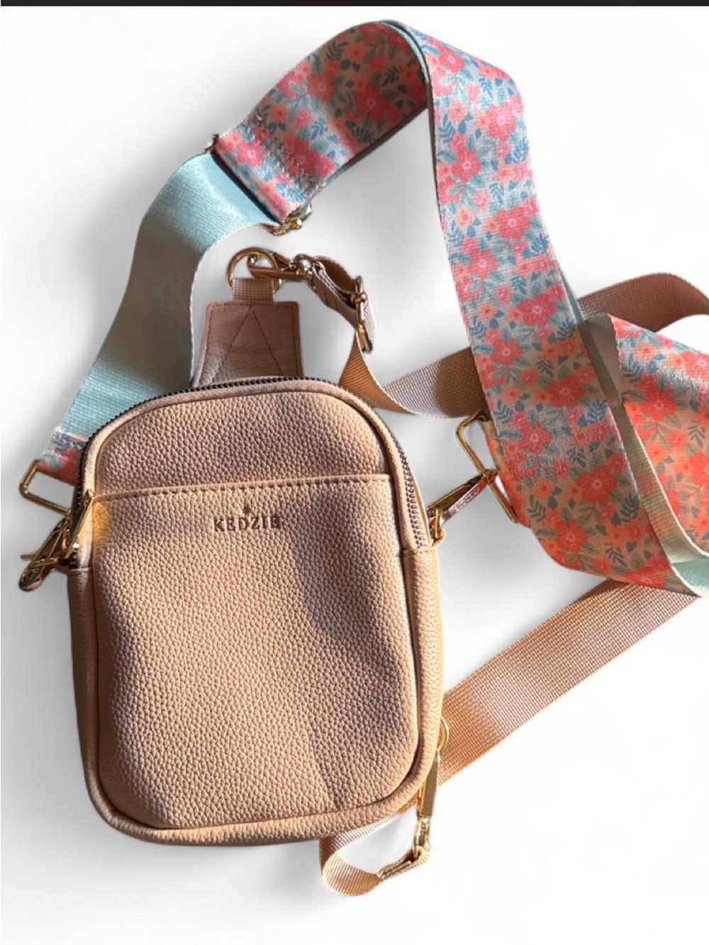 Kedzie Beige Pebbled Crossbody Bag with Floral Strap